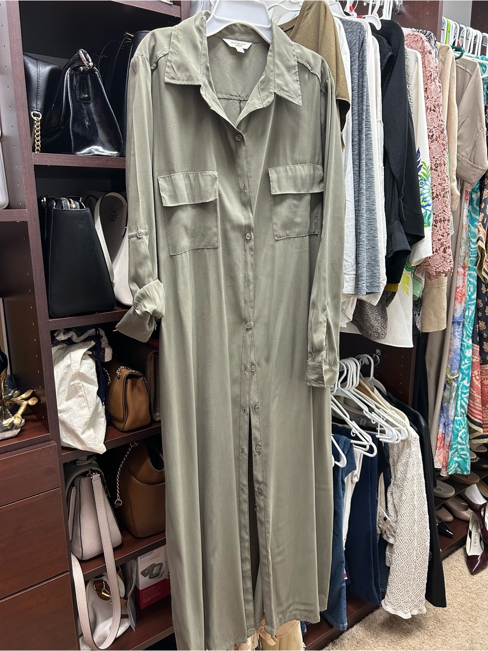 Max Studio Olive Green Long Sleeve Shirt Dress